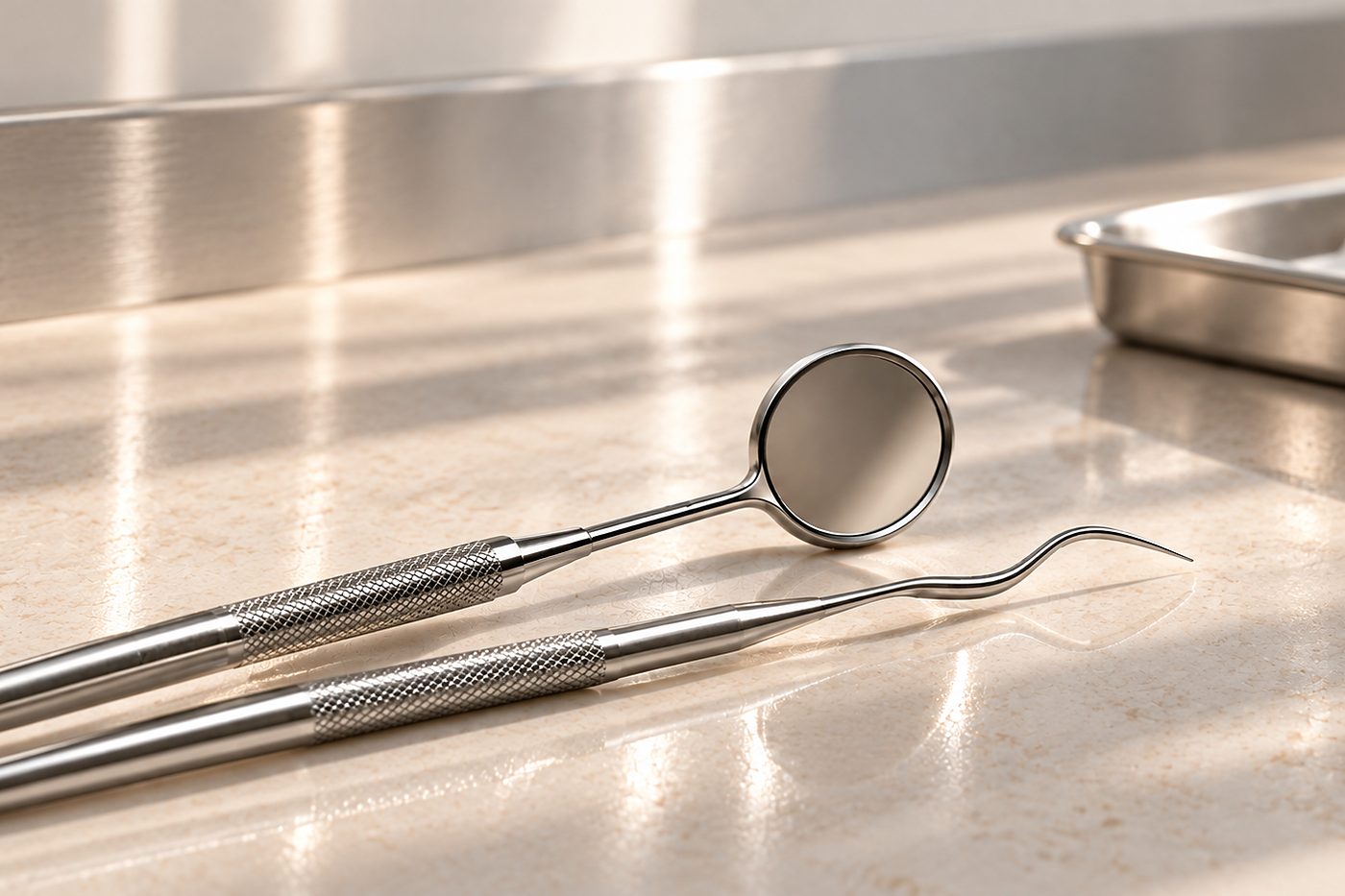Dental mirror and probe on a sunlit stone worktop